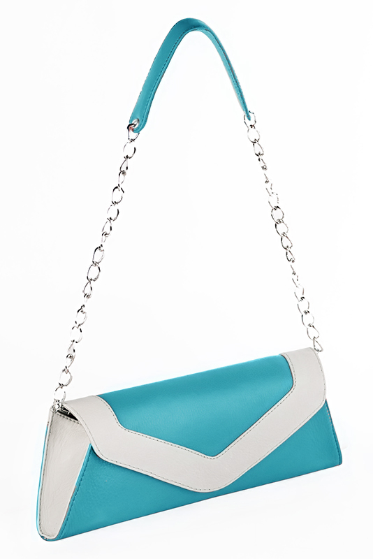 Turquoise blue and off white women's slingback shoes. Pointed toe. High slim heel. Worn view - Florence KOOIJMAN